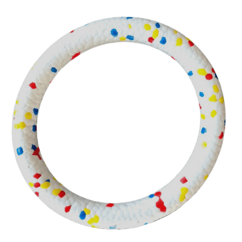 Float Toy by Anything Pets with white ring and multi coloured dots on it.