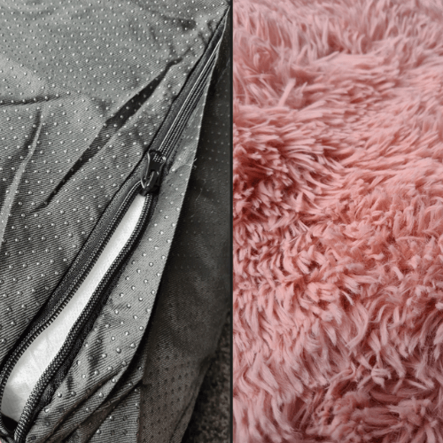 A close up of an Anything Pets Thick Cozy Bed with a zipper on it.