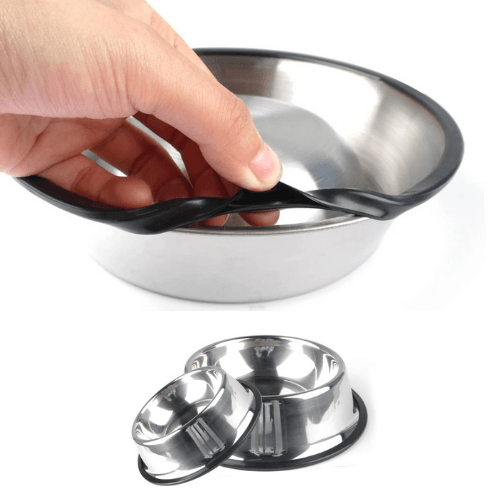 stainless steel food bowl for dogs with rubber grip seal to prevent slippage.
