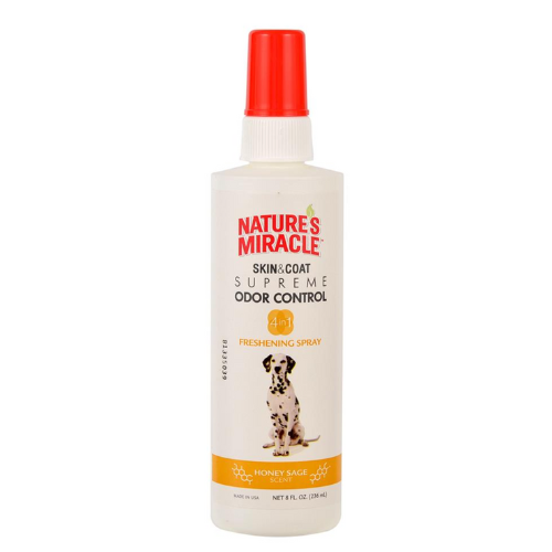 A bottle of Natures Miracle Honey Sage & Spearmint Freshening Spray from Anything Pets on a white background.