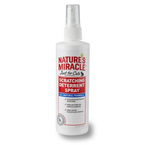 A bottle of Anything Pets' Nature's Miracle Scratching Deterrent Spray on a white background.