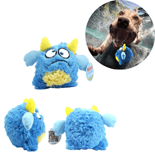 A blue Anything Pets Goopaw Monster with yellow horns and eyes.